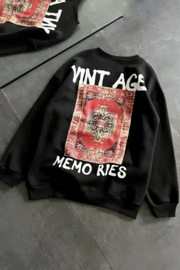 Bisiklet Yaka 3 İplik pamuklu Baskılı Oversize SweatShirt - Siyah