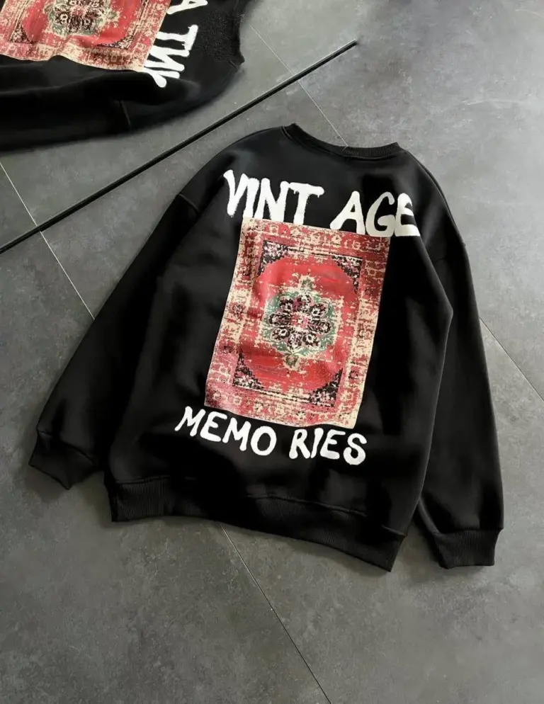 Bisiklet Yaka 3 İplik pamuklu Baskılı Oversize SweatShirt - Siyah