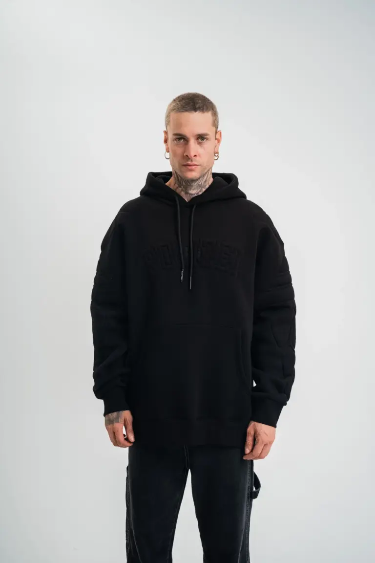 3 İplik Pamuklu Oversize Kapüşonlu Nakışlı Hoodie SweatShirt - Siyah