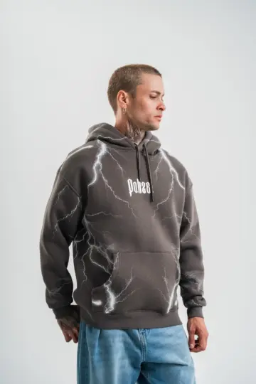 Baskılı Kapüşonlu Oversize 3 İplik Pamuklu SweatShirt Hoodie - Füme