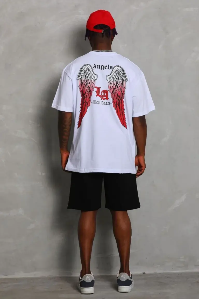 Kısa Kol Tişört Bisiklet Yaka KANAT Baskılı Oversize T-Shirt - Beyaz