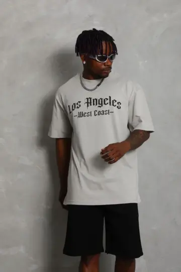 Baskılı Tişört Kısa Kol Bisiklet Yaka Oversize T-Shirt - Gri