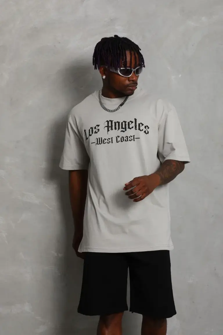 Baskılı Tişört Kısa Kol Bisiklet Yaka Oversize T-Shirt - Gri