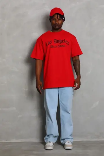 Baskılı Tişört Kısa Kol Bisiklet Yaka Oversize T-Shirt - Kırmızı