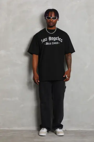 Baskılı Tişört Kısa Kol Bisiklet Yaka Oversize T-Shirt - Siyah