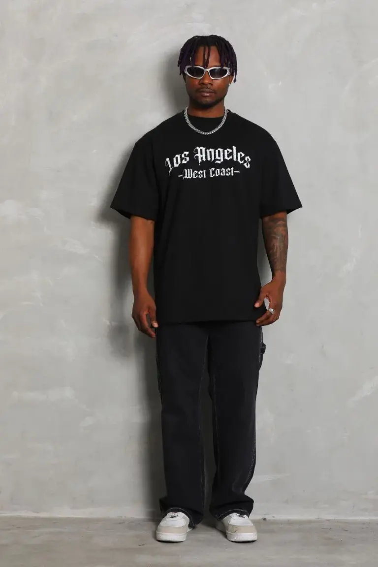 Baskılı Tişört Kısa Kol Bisiklet Yaka Oversize T-Shirt - Siyah