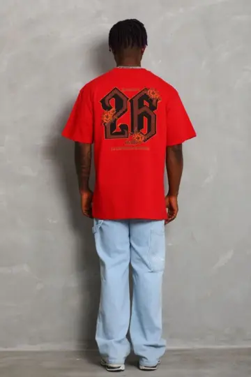 Baskılı Tişört Kısa Kol Bisiklet Yaka Oversize T-Shirt - Kırmızı