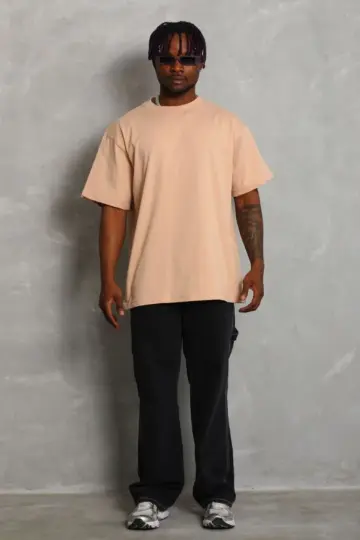 Düz Yazlık Kısa Kol Tişört Bisiklet Yaka Oversize T-Shirt - Bej