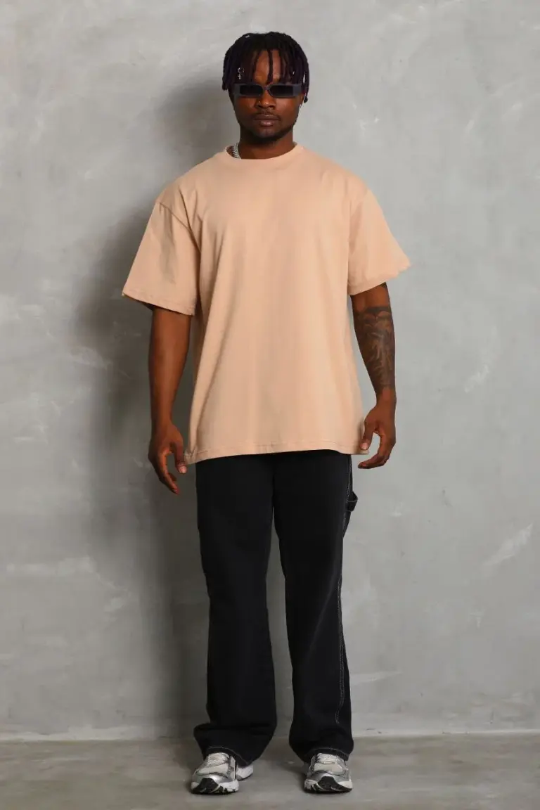 Düz Yazlık Kısa Kol Tişört Bisiklet Yaka Oversize T-Shirt - Bej