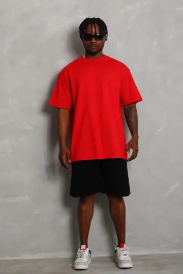 Düz Yazlık Kısa Kol Tişört Bisiklet Yaka Oversize T-Shirt - Kırmızı