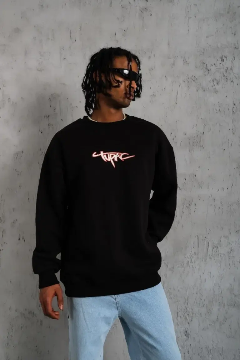 3 İplik Pamuklu Bisiklet Yaka Gangster Baskılı Sweatshirt - Siyah