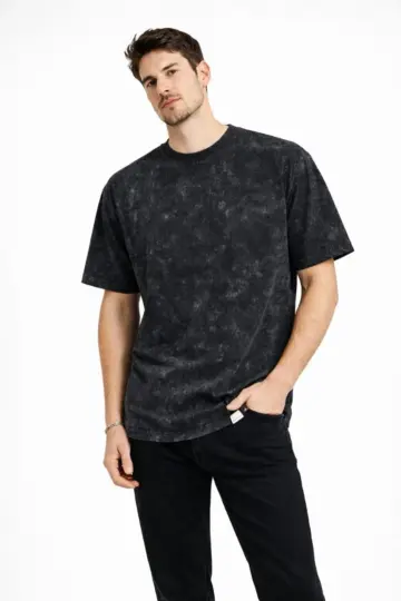 Asit Yıkama Bisiklet Yaka Kısa Kollu Oversize T-Shirt Tişört - Siyah