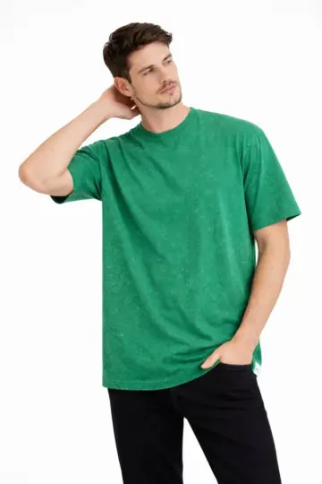 Asit Yıkama Bisiklet Yaka Kısa Kollu Oversize T-Shirt Tişört - Yeşil