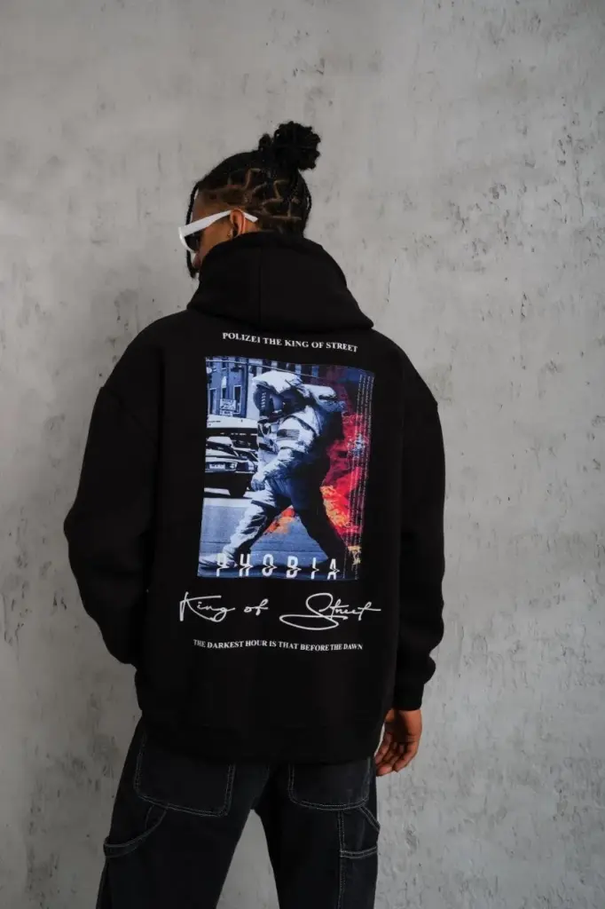 3 İplik Pamuklu Kapüşonlu Baskılı Cepli Oversize Sweatshirt Hoodie - Siyah