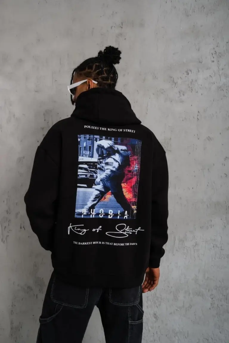 3 İplik Pamuklu Kapüşonlu Baskılı Cepli Oversize Sweatshirt Hoodie - Siyah