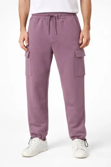 Baggy 3 İplik Kargo Cepli Eşofman Altı Ayarlanabilir Paça Pantolon - Gül Kurusu