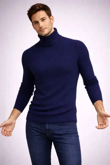 Balıkçı Yaka Boğazlı Triko Kazak Kalın Fitilli Regular Fit - Lacivert