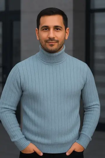 Tam Boğazlı Balıkçı Yaka Triko Kazak Kalın Fitilli - Bebek Mavisi