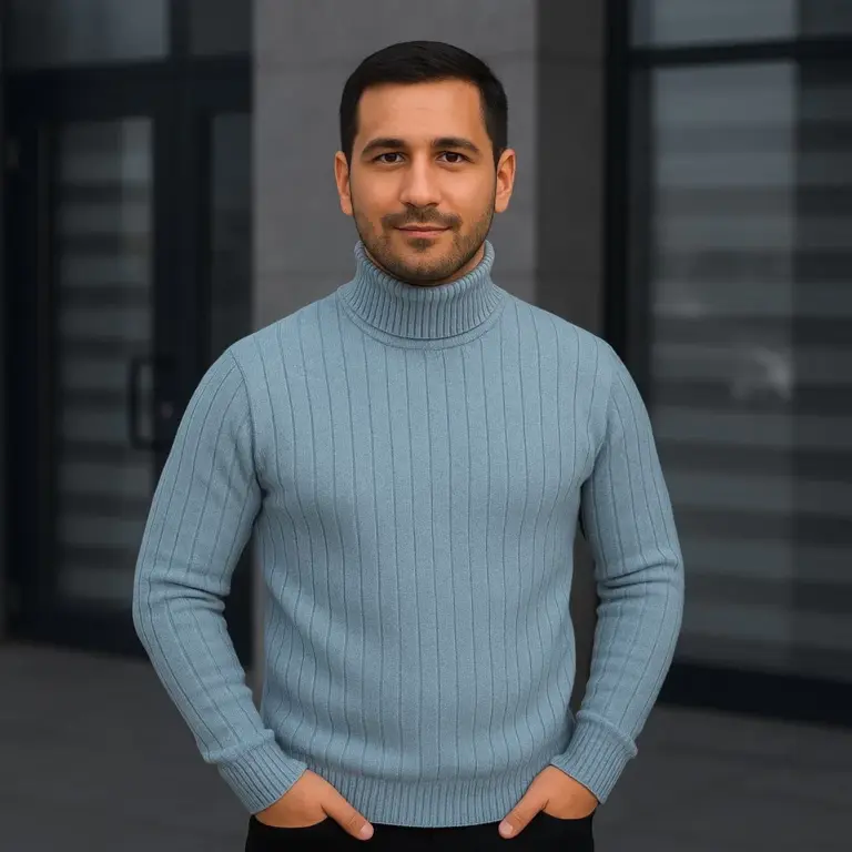 Tam Boğazlı Balıkçı Yaka Triko Kazak Kalın Fitilli - Bebek Mavisi