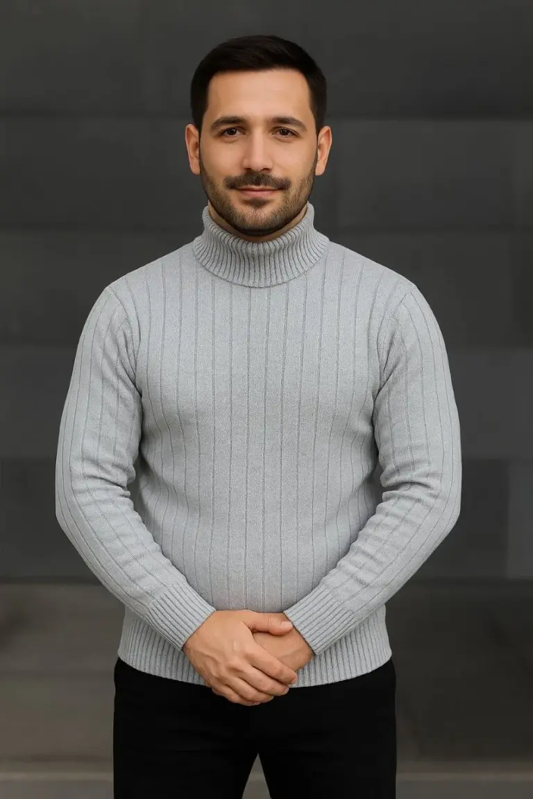 Tam Boğazlı Balıkçı Yaka Triko Kazak Kalın Fitilli -  Gri