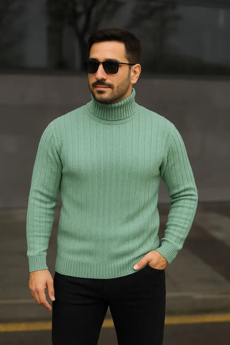 Tam Boğazlı Balıkçı Yaka Triko Kazak Kalın Fitilli - Mint Yeşili