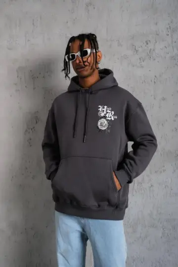 3 İplik Pamuklu Kapüşonlu Baskılı Cepli Oversize Sweatshirt Hoodie - Füme