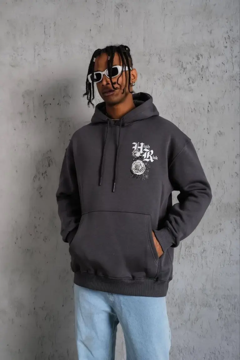 3 İplik Pamuklu Kapüşonlu Baskılı Cepli Oversize Sweatshirt Hoodie - Füme