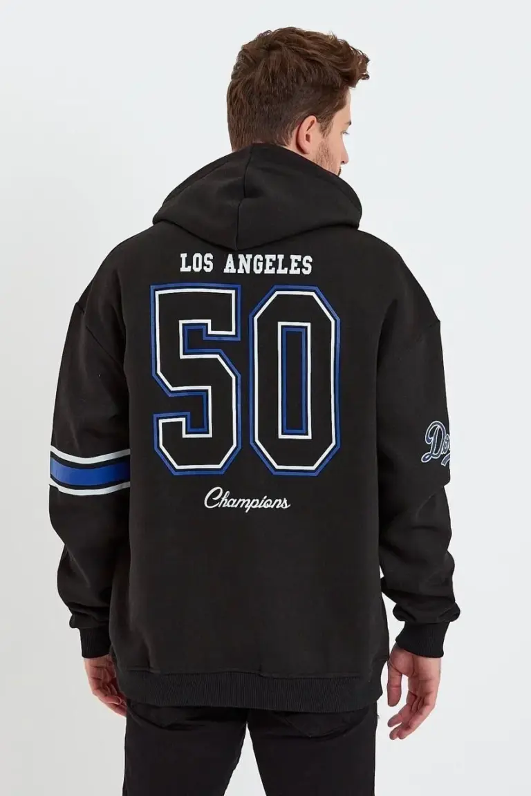 3 İplik Pamuklu Kapüşonlu Baskılı Cepli Oversize Sweatshirt Hoodie - Siyah