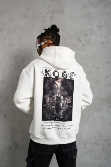 3 İplik Pamuklu Kapüşonlu Baskılı Cepli Oversize Sweatshirt Hoodie - Beyaz