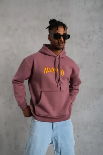 3 İplik Pamuklu Kapüşonlu Baskılı Cepli Oversize Sweatshirt Hoodie - Gül Kurusu