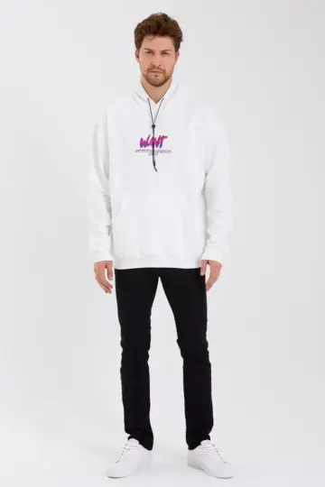 3 İplik Pamuklu Kapüşonlu Baskılı Cepli Oversize Sweatshirt Hoodie - Beyaz