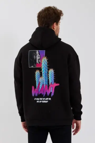 3 İplik Pamuklu Kapüşonlu Baskılı Cepli Oversize Sweatshirt Hoodie - Siyah