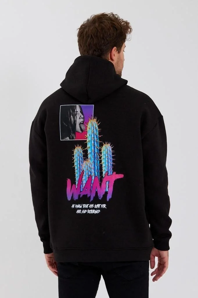 3 İplik Pamuklu Kapüşonlu Baskılı Cepli Oversize Sweatshirt Hoodie - Siyah