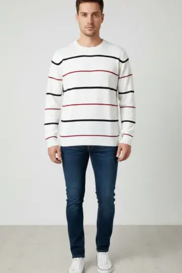 Bisiklet Yaka Cizgili Triko Kazak yumuşak dokulu Pamuklu ince Dokuma uzun - Beyaz