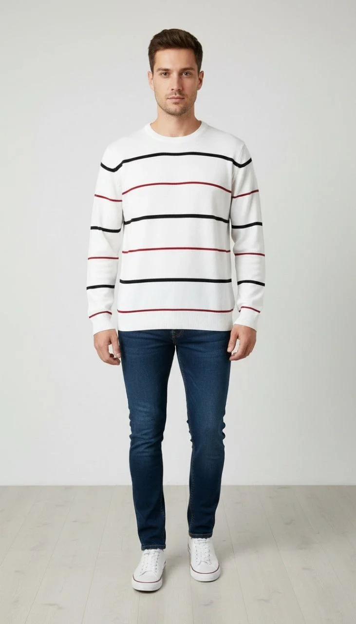 Bisiklet Yaka Cizgili Triko Kazak yumuşak dokulu Pamuklu ince Dokuma uzun - Beyaz