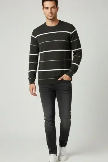 Bisiklet Yaka Cizgili Triko Kazak yumuşak dokulu Pamuklu ince Dokuma uzun - Füme