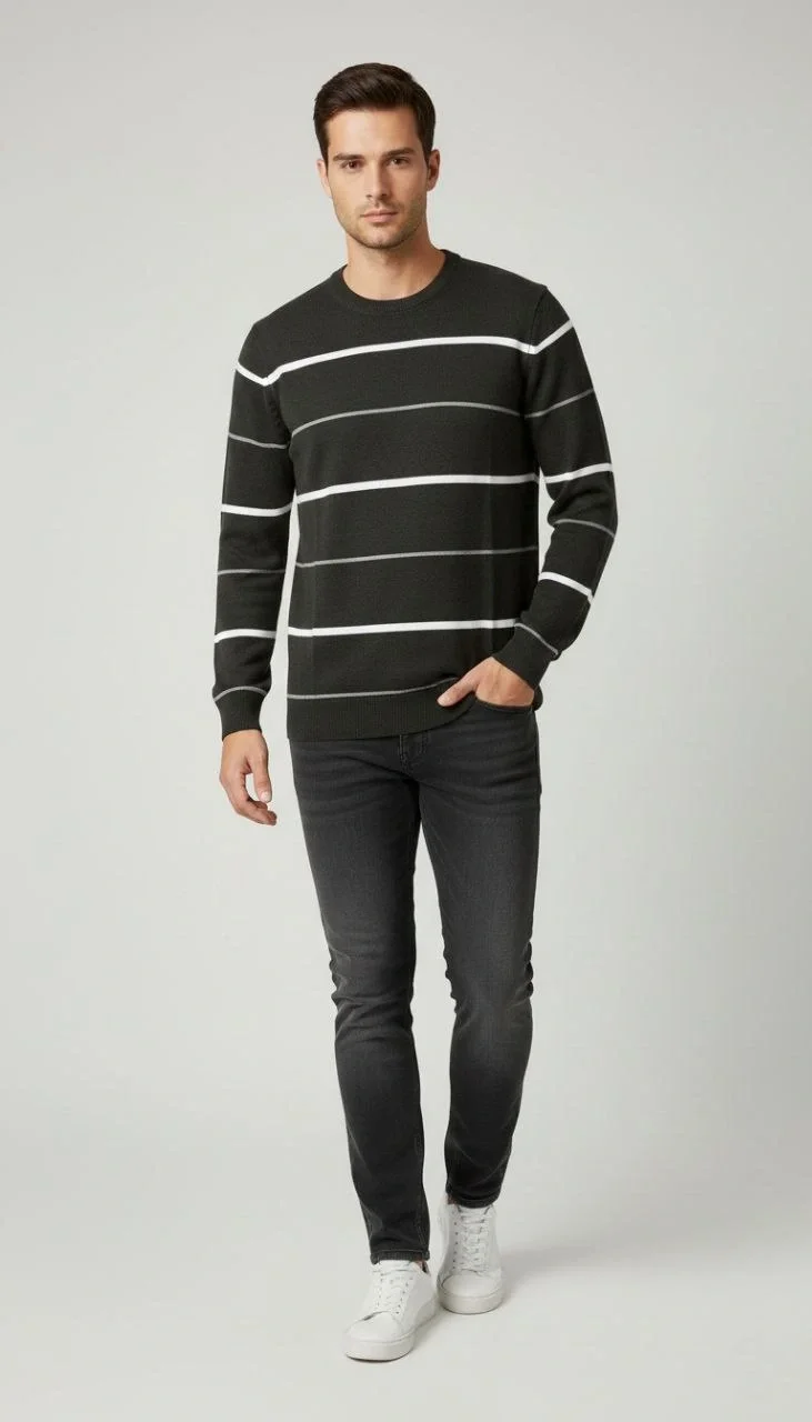 Bisiklet Yaka Cizgili Triko Kazak yumuşak dokulu Pamuklu ince Dokuma uzun - Füme