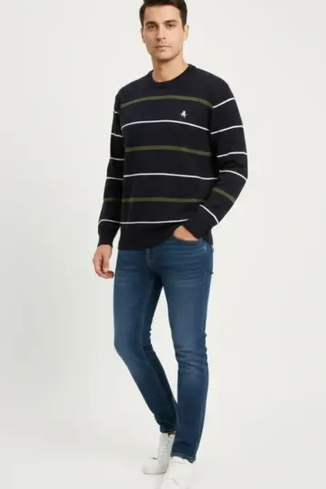 Bisiklet Yaka Cizgili Triko Kazak yumuşak dokulu Pamuklu ince Dokuma uzun - Lacivert