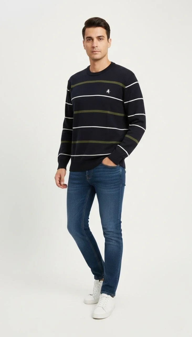 Bisiklet Yaka Cizgili Triko Kazak yumuşak dokulu Pamuklu ince Dokuma uzun - Lacivert