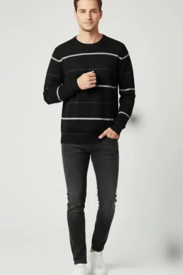 Bisiklet Yaka Cizgili Triko Kazak yumuşak dokulu Pamuklu ince Dokuma uzun - Siyah