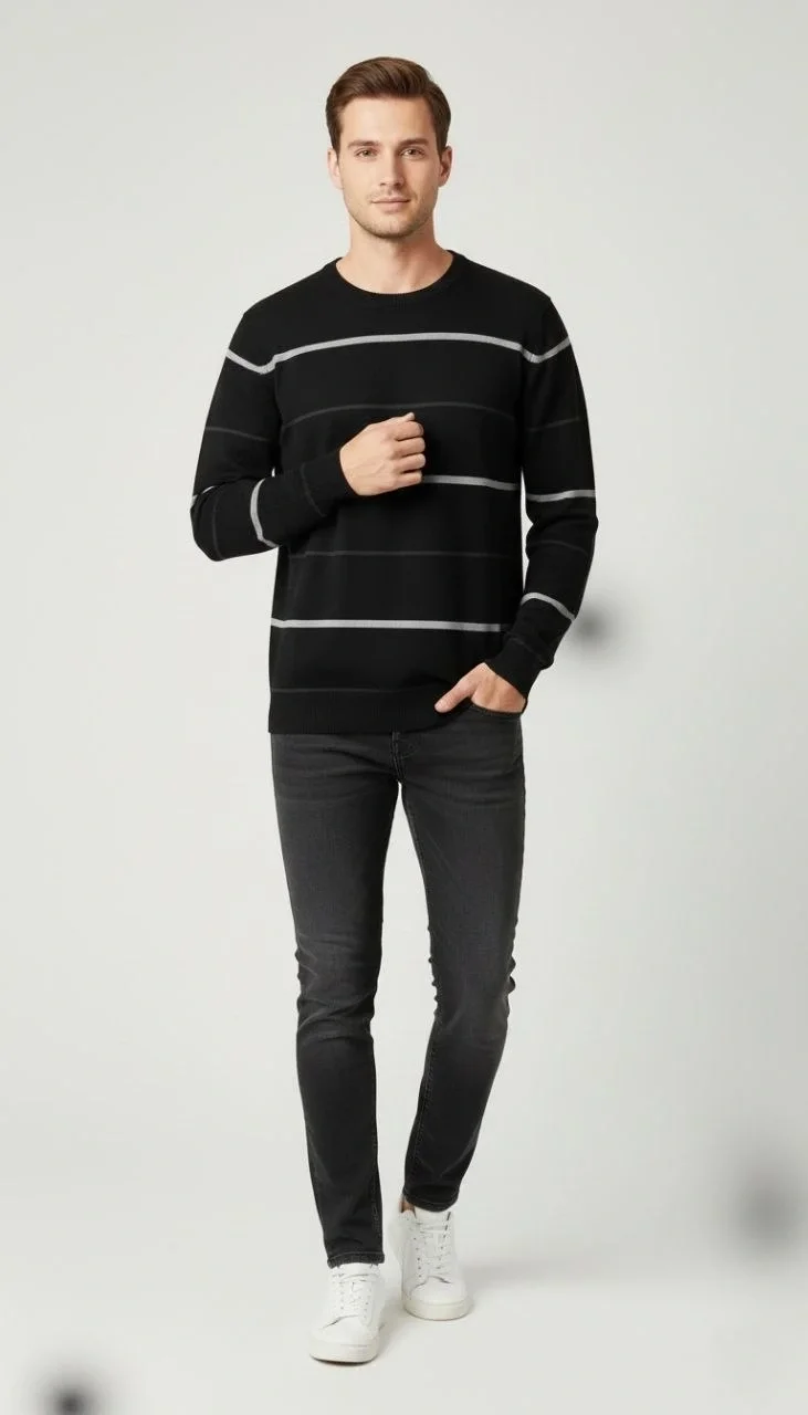 Bisiklet Yaka Cizgili Triko Kazak yumuşak dokulu Pamuklu ince Dokuma uzun - Siyah