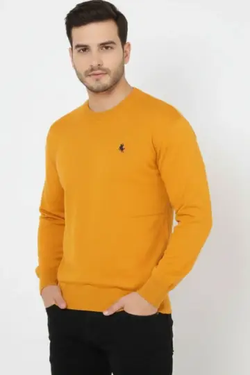 Bisiklet Yaka Nakış işlemeli Triko Kazak yumuşak dokulu Pamuklu ince - Turuncu