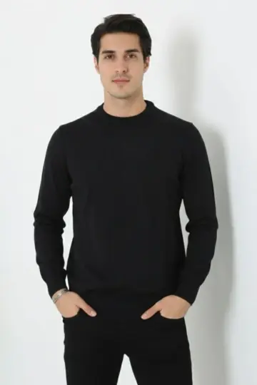 Bisiklet Yaka Triko Yumuşak Dokulu Pamuklu Uzun Kollu Kazak - Siyah