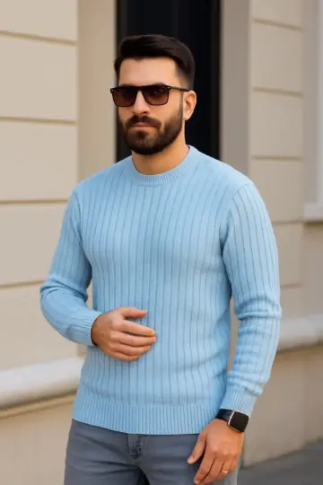 Bisiklet Yaka Triko Kazak Pamuklu Kalın Fitilli Dokuma - Bebe Mavisi