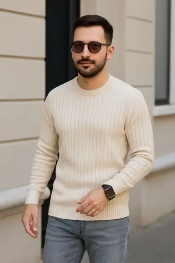 Bisiklet Yaka Triko Kazak Pamuklu Kalın Fitilli Dokuma Regular Fit - Bej