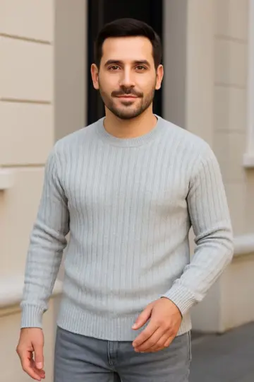 Bisiklet Yaka Triko Kazak Pamuklu Kalın Fitilli Dokuma Regular Fit - Gri