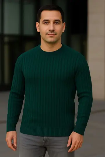 Bisiklet Yaka Triko Kazak Pamuklu Kalın Fitilli Dokuma Regular Fit - Haki