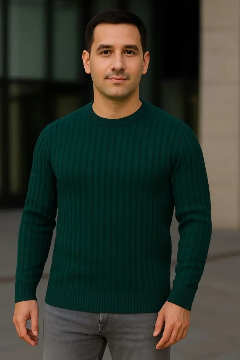 Bisiklet Yaka Triko Kazak Pamuklu Kalın Fitilli Dokuma Regular Fit - Haki