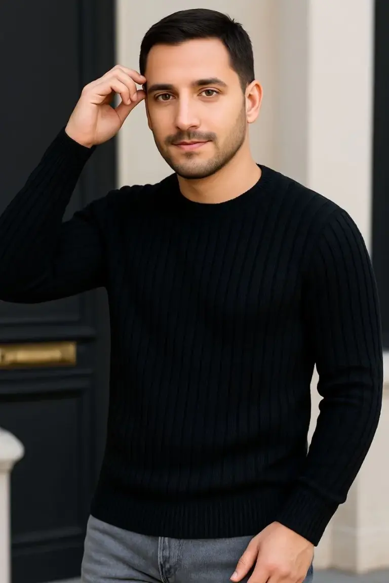 Bisiklet Yaka Triko Kazak Pamuklu Kalın Fitilli Dokuma Regular Fit - Siyah