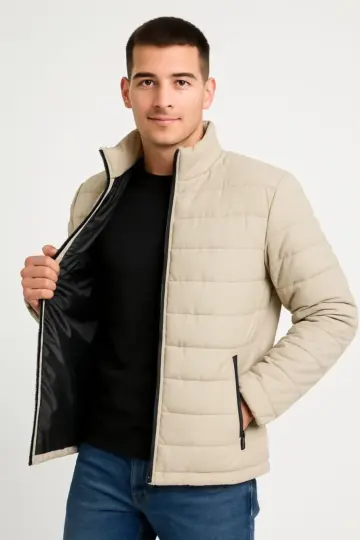 Bomber Mont Su İtici Kapitone Astarlı Fermuarlı Cepli Ceket - Bej